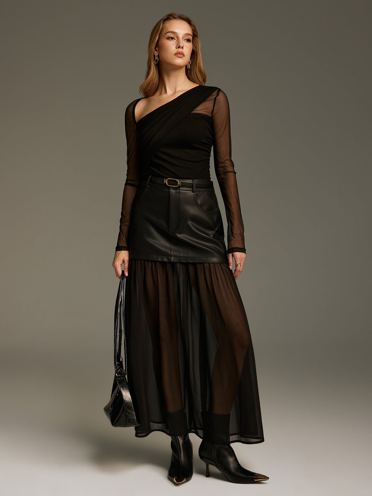 Asymmetric Neck Mesh Long-Sleeve Bodysuit