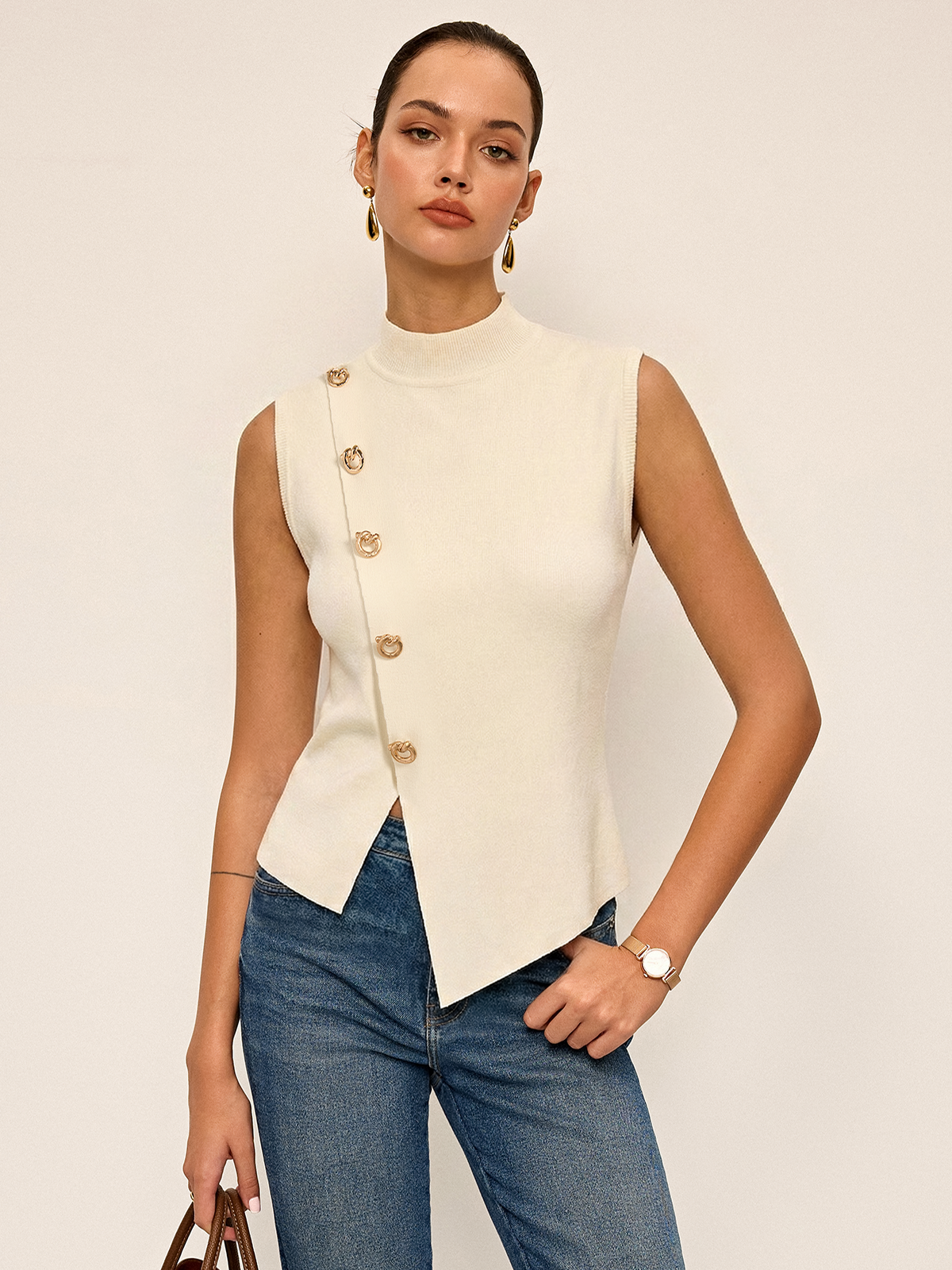 Asymmetric Button Sleeveless Knit Top