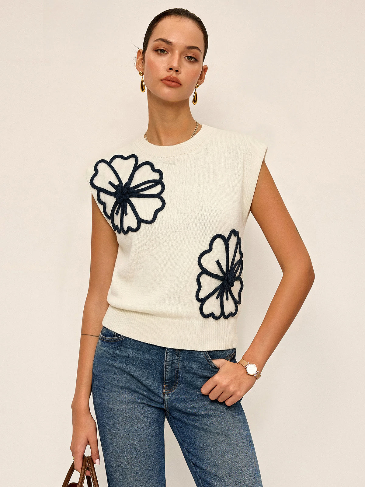3D Floral Appliqué Knit Vest