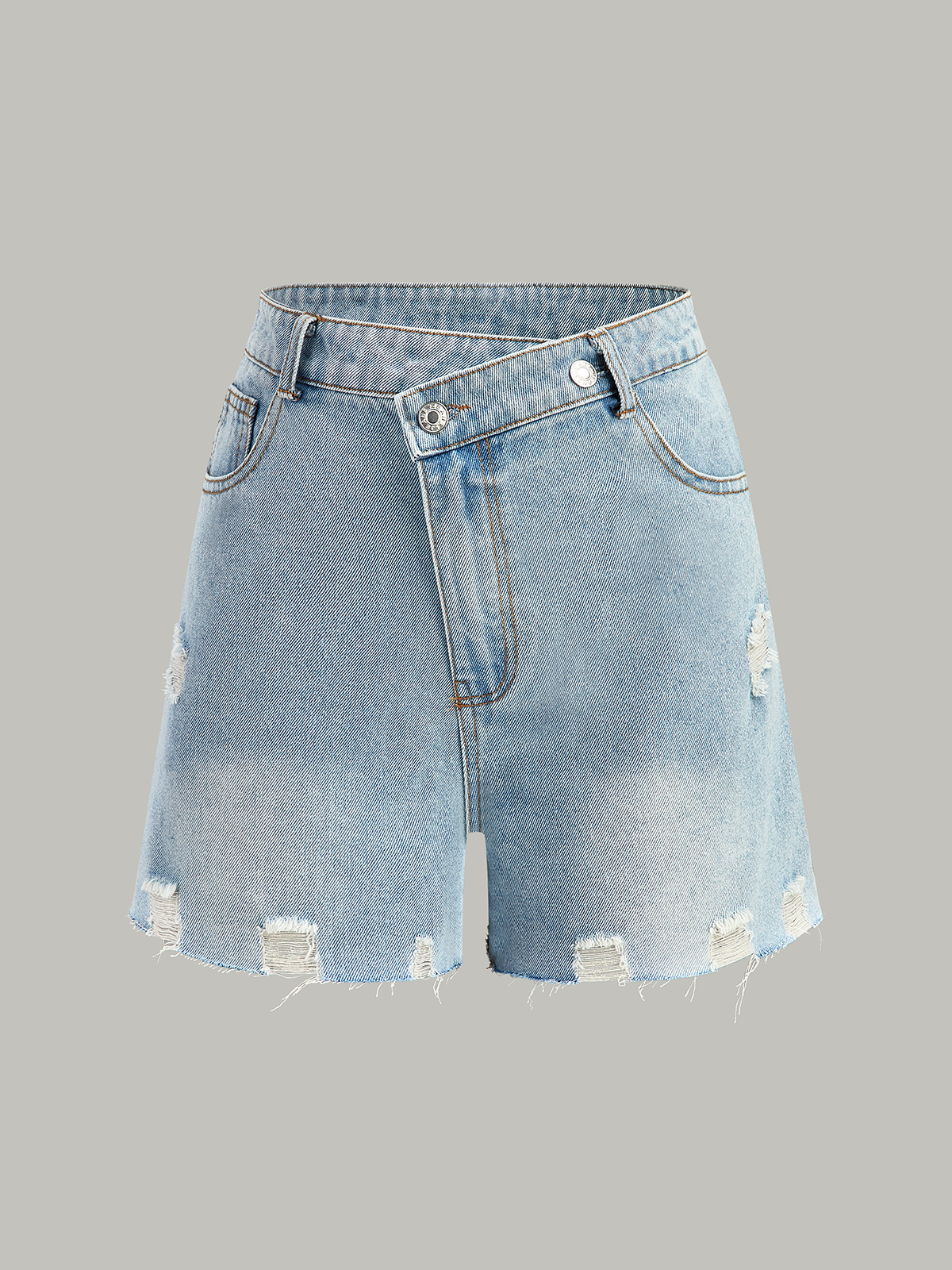 Asymmetric Waist Distressed Denim Shorts