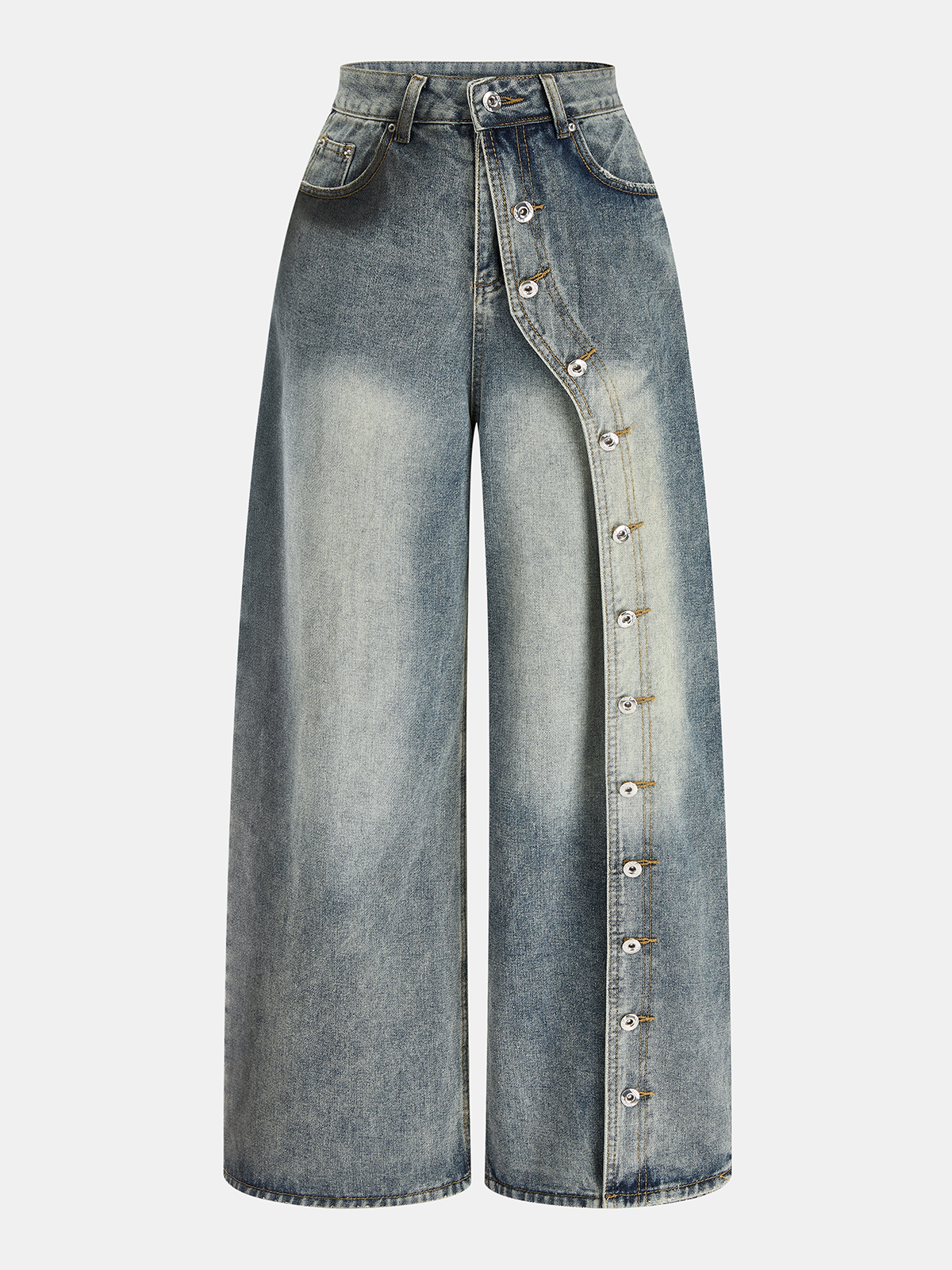 Asymmetric Button Wide Leg Jeans