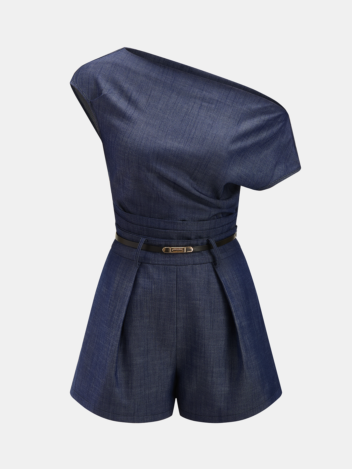 Asymmetric Off-Shoulder Belted Denim Romper