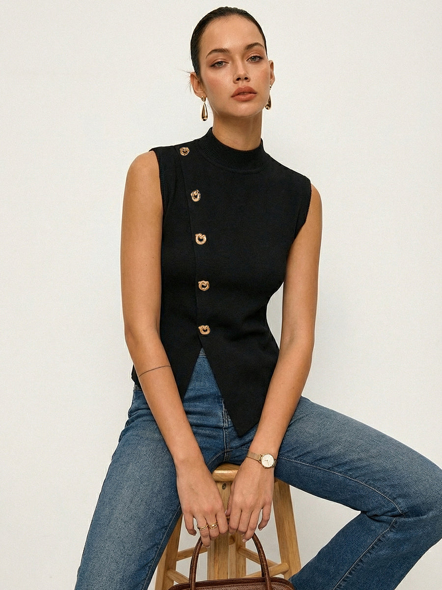 Asymmetric Button Sleeveless Knit Top